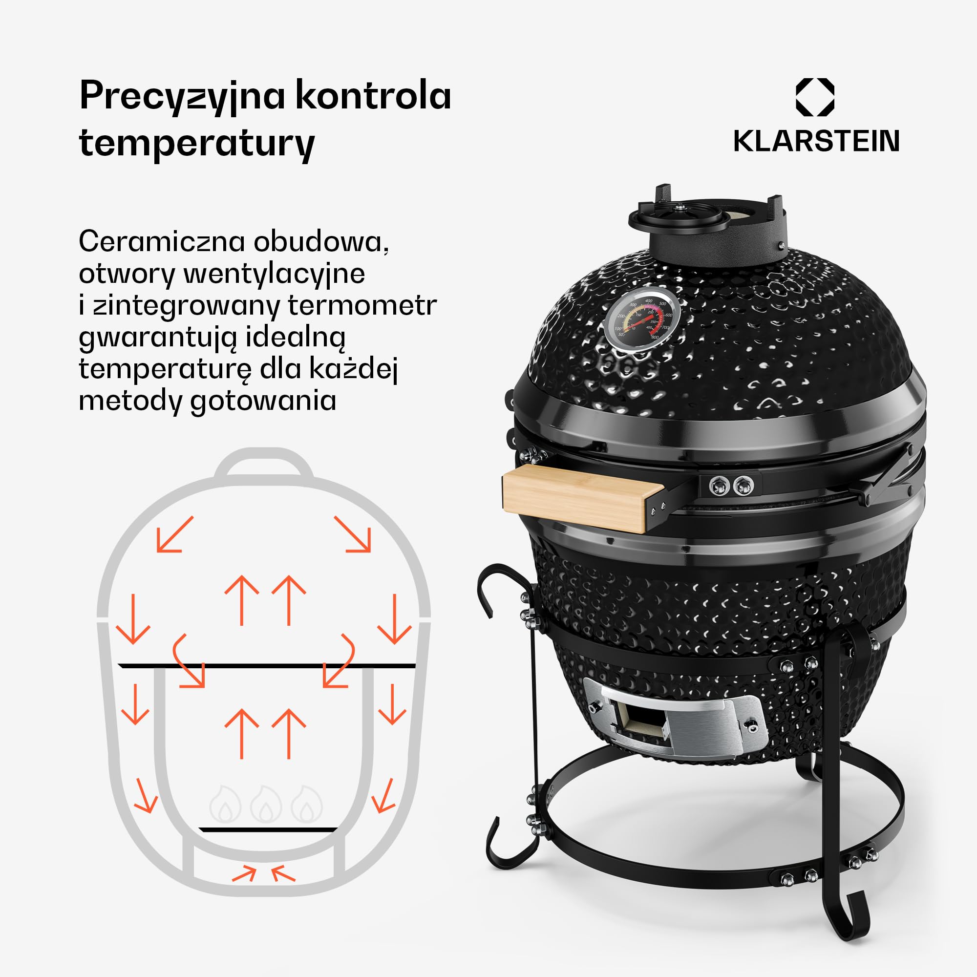 Klarstein Princesize grill Kamado, ceramiczny grill na węgiel drzewny, z pokrywką, ceramika, dobre magazynowanie ciepła, termometr wewnętrzny, drewniany uchwyt, zdejmowany stelaż, czarny