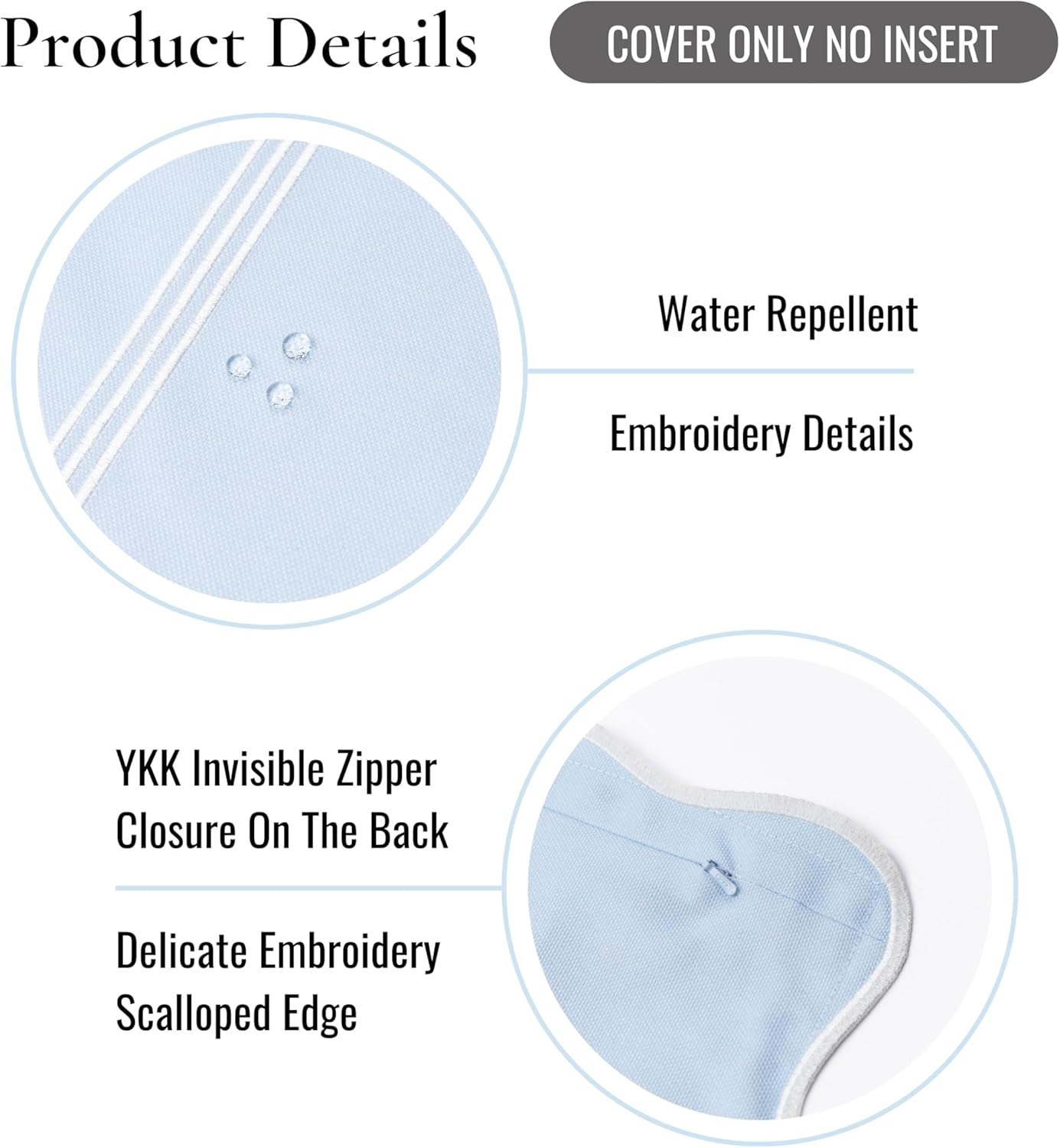 Hofdeco Premium Coastal Grandmillennial Scalloped Patio Indoor Outdoor Throw Pillow Cover Only, 20"x20" Water Repellent for Backyard, Couch, Poolside, Baby Blue Embroidered Frame