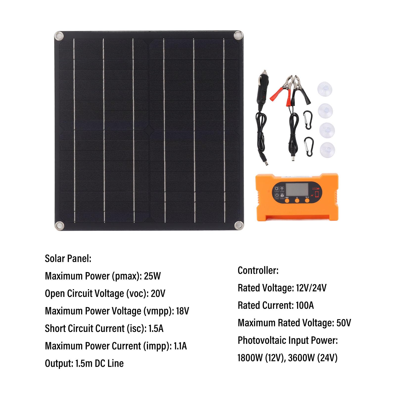 Kit Pannello Solare da 25 W, Kit Controller Pannello Solare Monocristallino da 18 V, Controller da 100 A, Uscita CC da 1,5 M, Azionamento Diretto Senza Batteria, per la Ricarica Esterna del