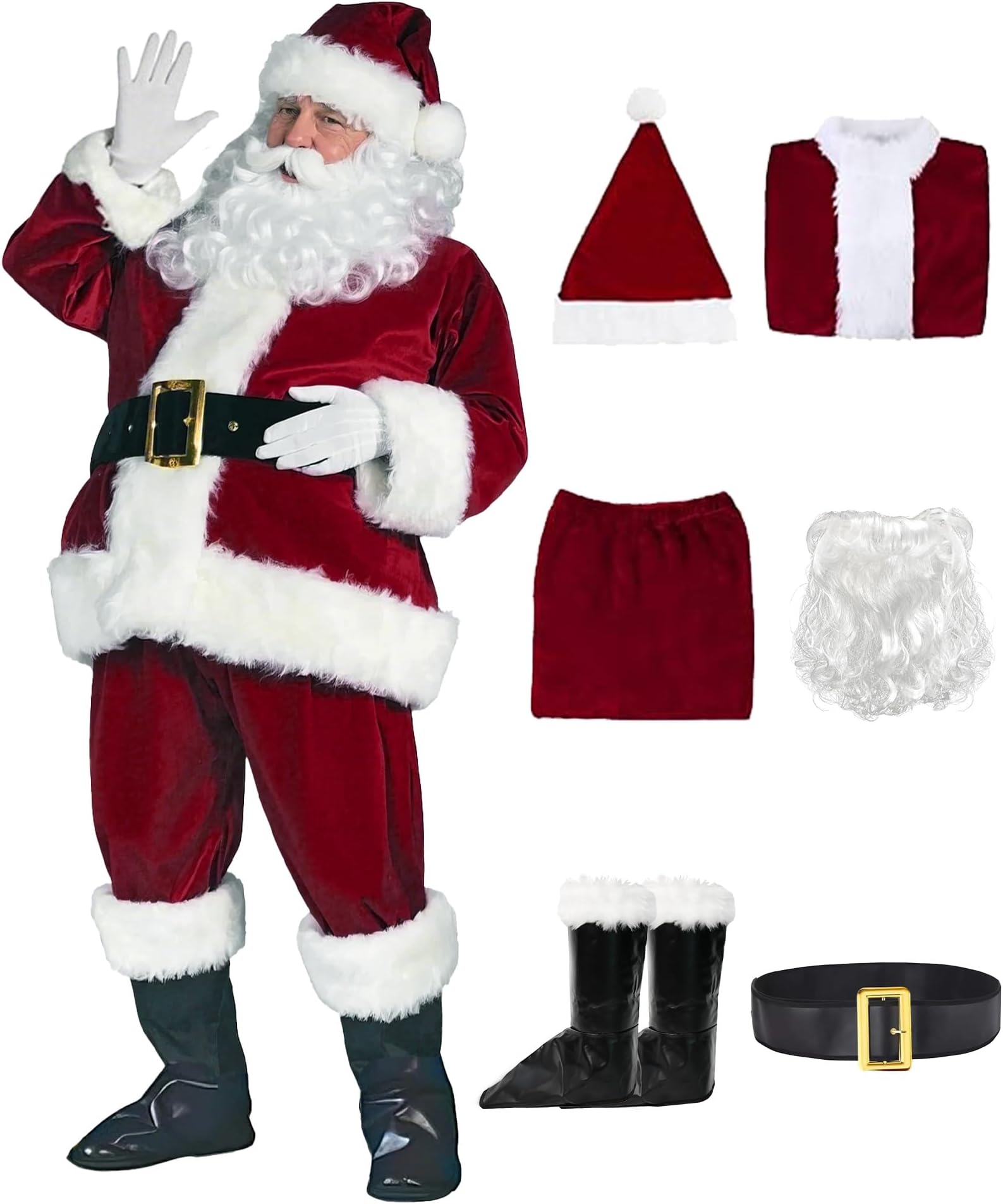 Santa Claus Costume for Men 9pcs Deluxe Velvet Santa Suit Adults Christmas Santa Outfit with Beard Belt Santa Costume