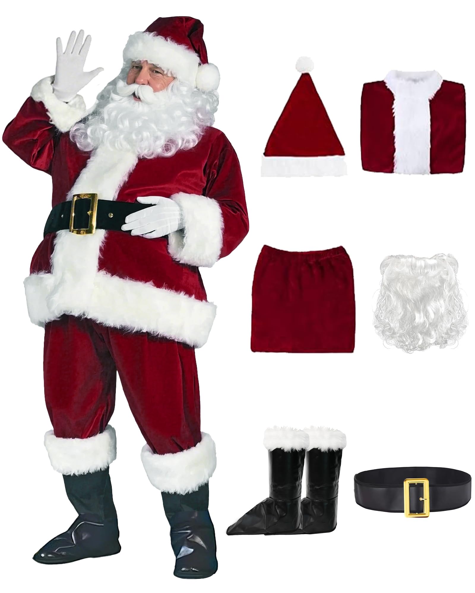 Santa Claus Costume for Men 9pcs Deluxe Velvet Santa Suit Adults Christmas Santa Outfit with Beard Belt Santa Costume