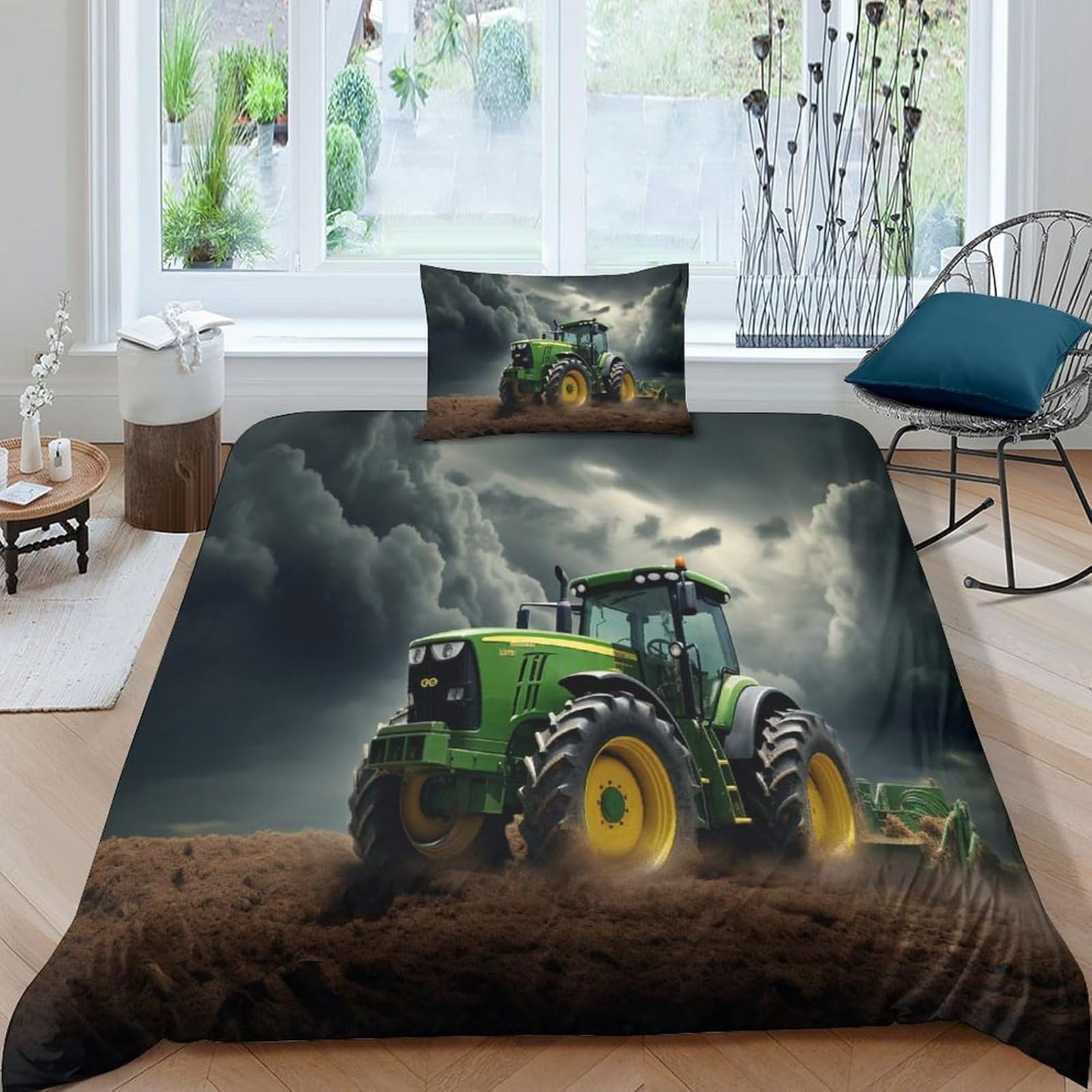 Bettwäsche 155x220 GrüNer Traktor Bettwäsche-Set mit Reißverschluss Schließung und 2 Kopfkissenbezug 80x80 cm - Weicher Atmungsaktive Mikrofaser Bettbezug für Kinder Mädchen