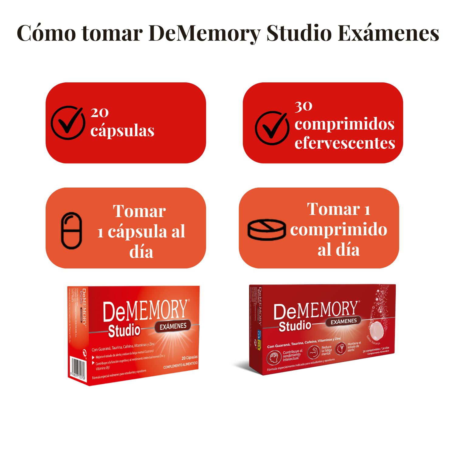 DeMemory Studio Exámenes 30 Comprimidos Efervescentes – Pack de 2 Unidades - Energía, Concentración y Agilidad Mental- con Guaraná, Cafeína, Taurina, Vitaminas y Zinc