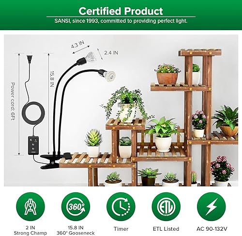 Miniatura 6 de SANSI Luces LED de cultivo para plantas de interior, reemplazo de bombilla sin por vida, 300 W, espectro completo, doble cuello de cisne, luz de