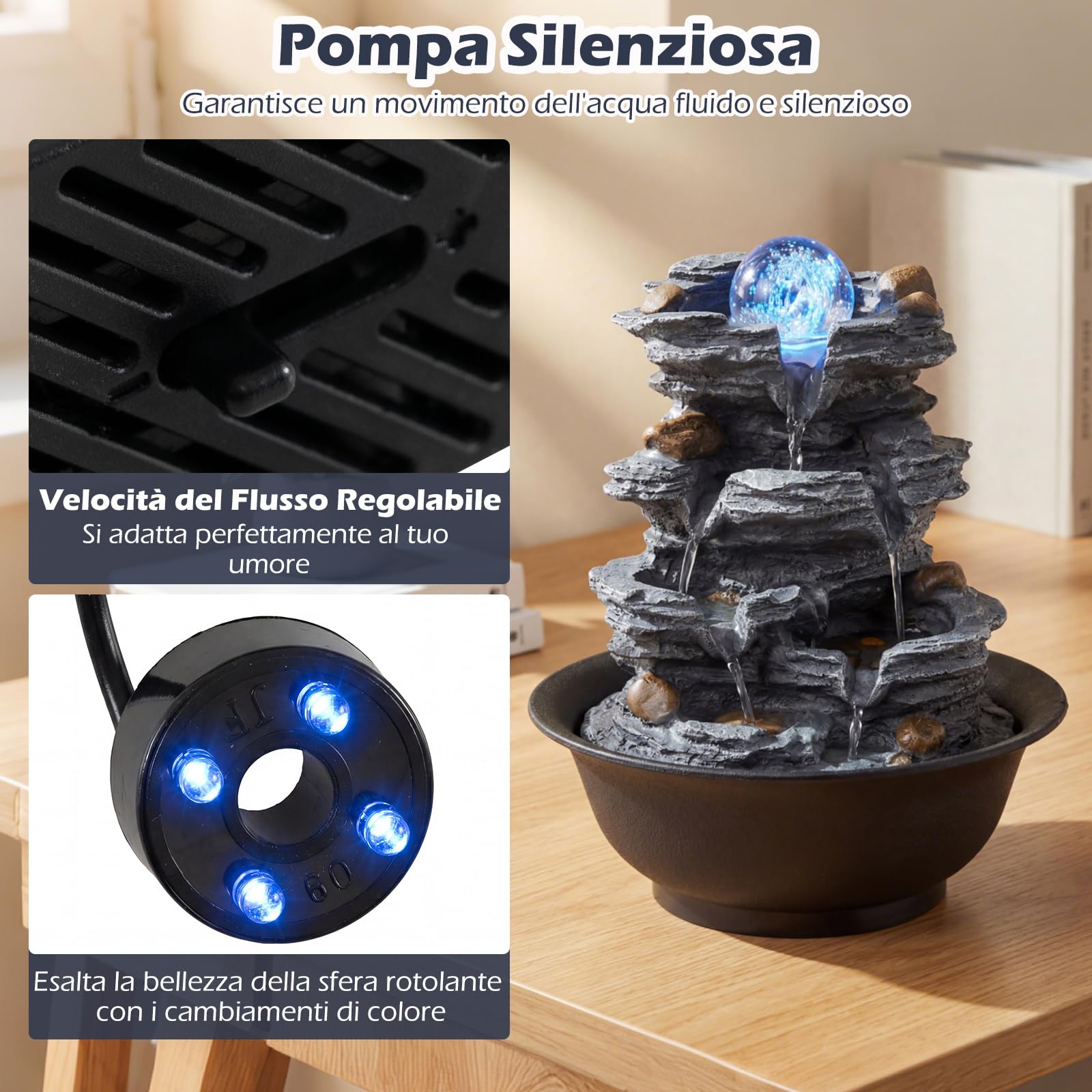 COSTWAY Fontana Zen da Interno, Fontana da Tavolo a Cascata con Luce LED, Pompa Silenziosa e Velocità dell'Acqua Regolabile, Fontanella Decorativa per Soggiorno, Ufficio e Camera da Letto (Modello 2)