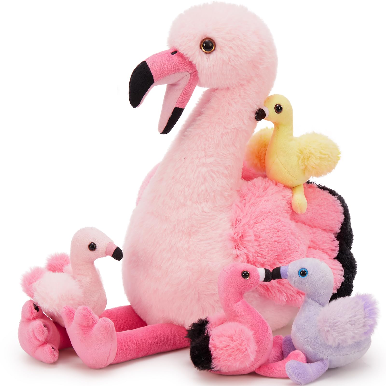 Tezituor Flamingo Stuffed Animal with 4 Babies,17.7" Pink Mommy Flamingo Plush with 4 Babies Soft Bird Toy for Kids Birthday Gift Nursery Decor