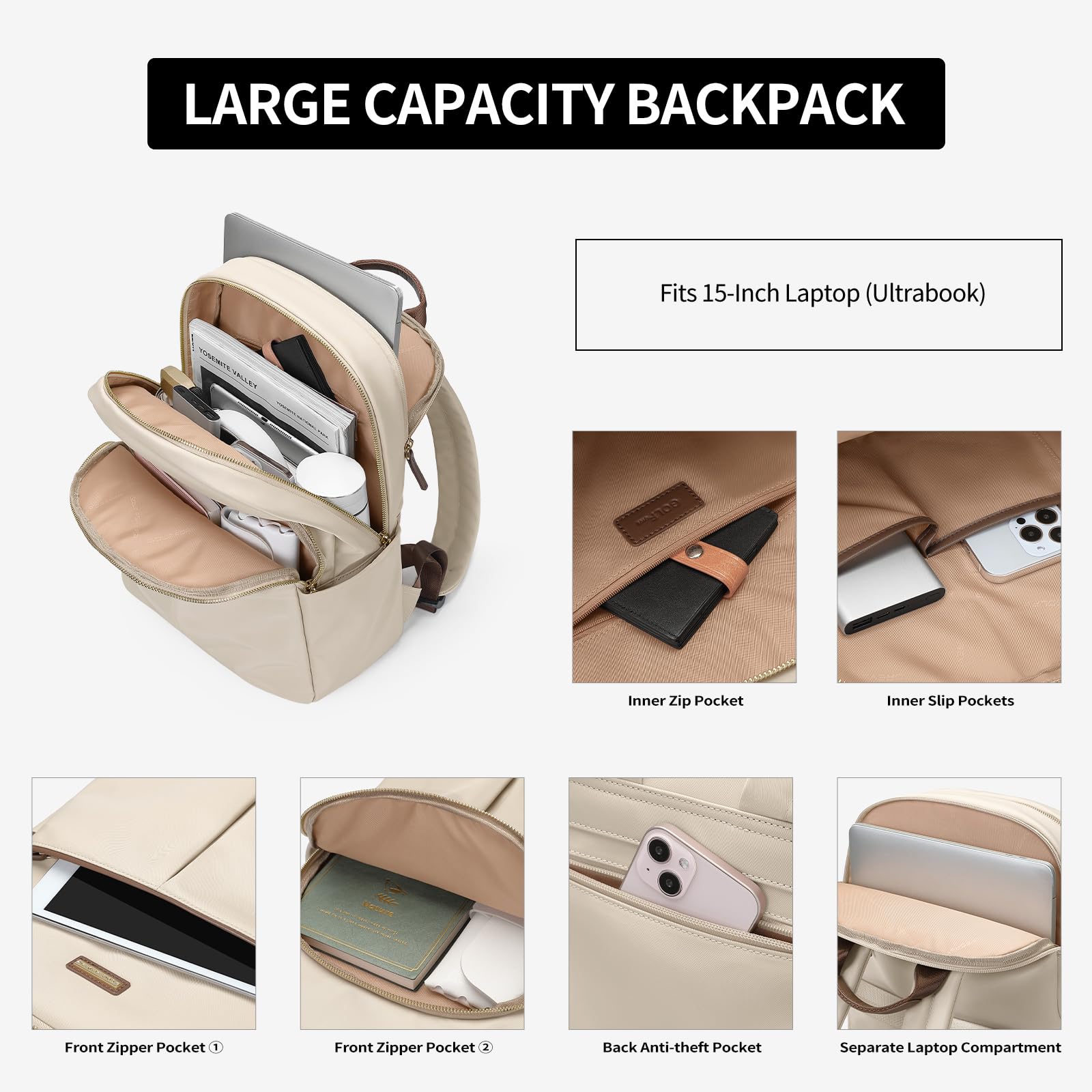 GOLF QUALITY Zaino Porta PC 14 Pollici, Impermeabile, Per Uomo, Scuola, Lavoro o Viaggio - Mandorla