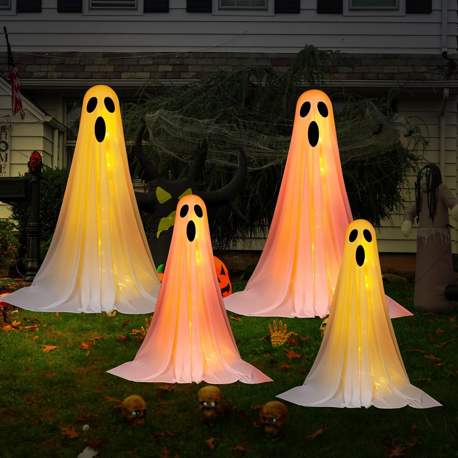 4 Set Halloween Ghost Decorations Outdoor White and Pink Light Up Ghost Kit DIY Large 3ft and 5ft Lighted Cloth Ghosts with String Lights for Halloween Party Porch Yard Garden Lawn Decor