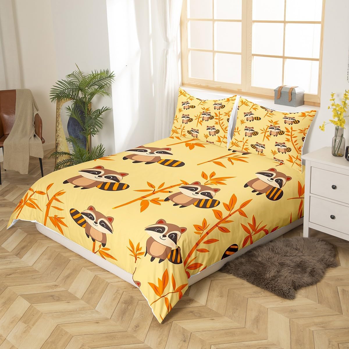 Erosebridal Cute Raccoons Kids Bedding Set Cartoon Raccoon Wildlife Comforter Cover Toddler for Boys Girls,Lovely Wild Animal Duvet Cover Leaves Decor Brown Animal Bed Set Room Decor