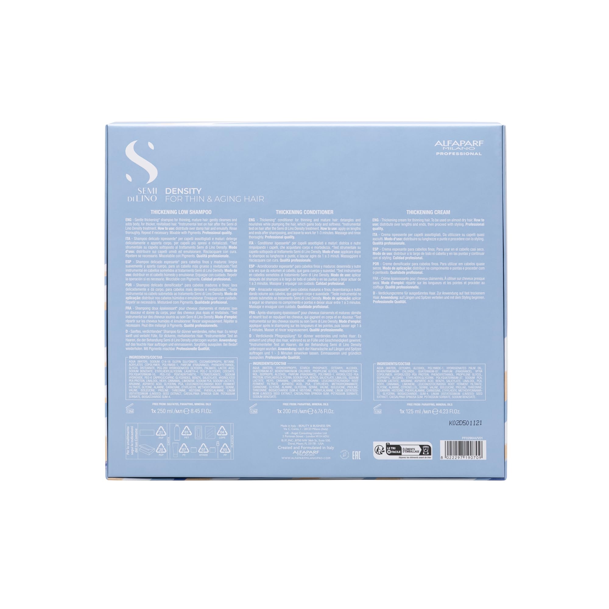 Alfaparf Milano Semi di Lino Density Gift Set for Thin and Aging Hair - Thickening Shampoo, Conditioner and Leave-In Volumizing Cream - Sulfate Free