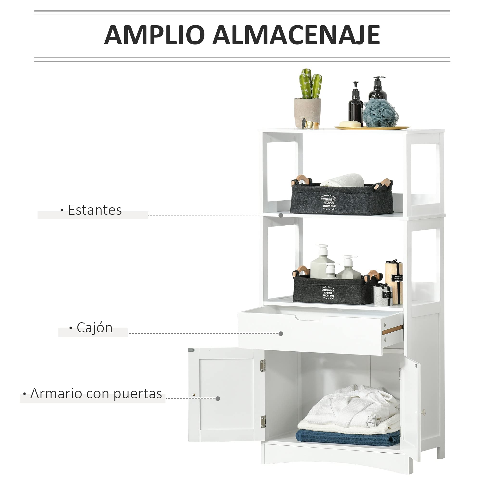 kleankin Armario de Baño con 3 Estantes y Cajón 60x33x122,5 cm Blanco | 2 Puertas, Mueble de Almacenamiento de Suelo, Moderno, para Cocina Dormitorio Salón