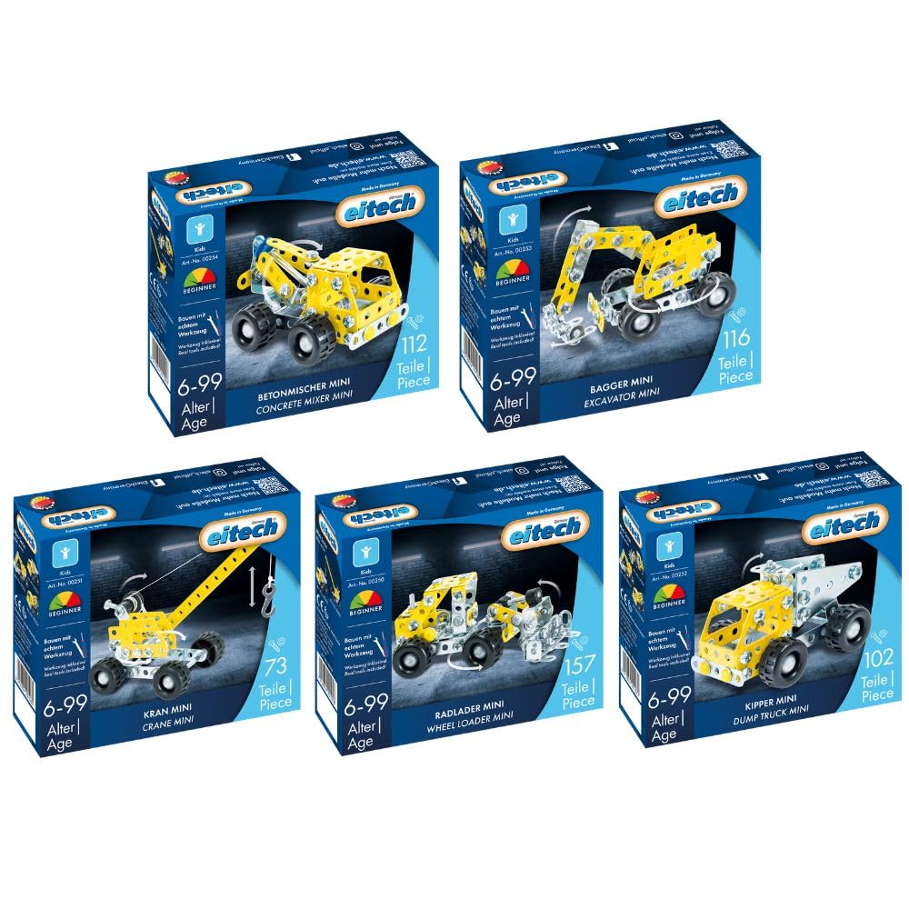 Eitech Mini Baustellenfahrzeuge - Metallbaukasten, 5er Set | 560 Teile, 5 Modelle, Modellbau für Kinder ab 6 7 8 Jahre, Konstruktionsspielzeug, Stabilbaukasten, Konstruktor Metall