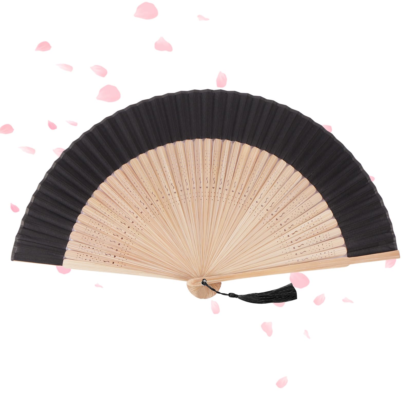 Alaoo Folding Fans, Handheld Fan Fabric Manual Fan Chinese Fans with Tassel for Birthday Gifts Dancing Cosplay Wedding Party Props Decoration(C Black With cutouts)