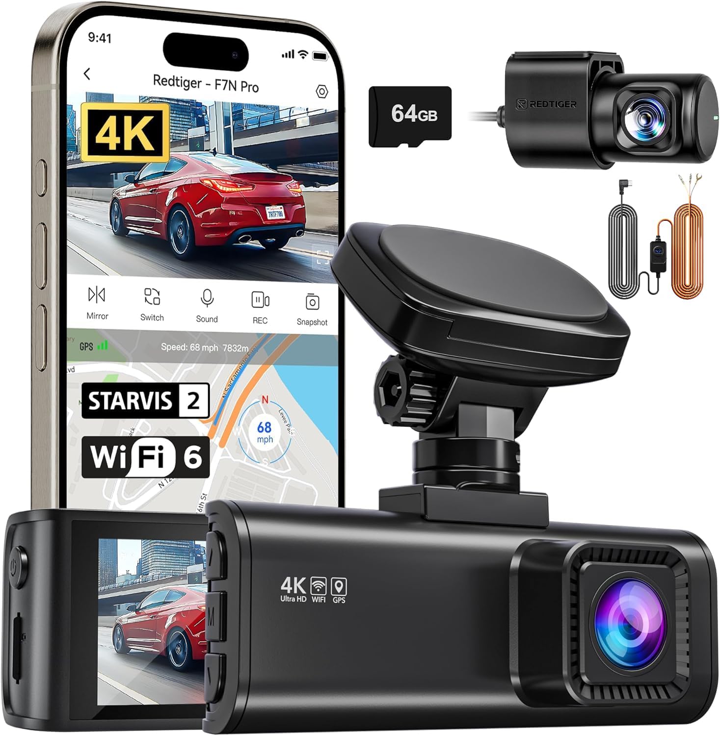 REDTIGER F7N PRO+Acc, 4K Dash Cam Front and Rear, STARVIS 2 Sensor, 64GB Card Included, 4K/2.5K+1080P Dual Dash Camera for Cars Built-in WiFi GPS, 3.18 Inch IPS Screen, 170° Wide Angle