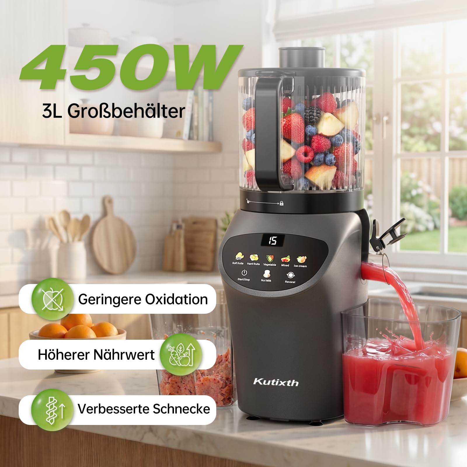 Entsafter 450W Slow Juicer 156mm Fütterungsrutsche 3L Füllvolumen Kaltpresse BPA-Frei