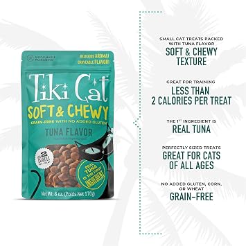 Tiki Cat Soft & Chewy Treats, Tuna Flavor, 3 Calories Per Treat with Grain-Free and No Added Gluten, 6 oz Pouch (Pack of 1)