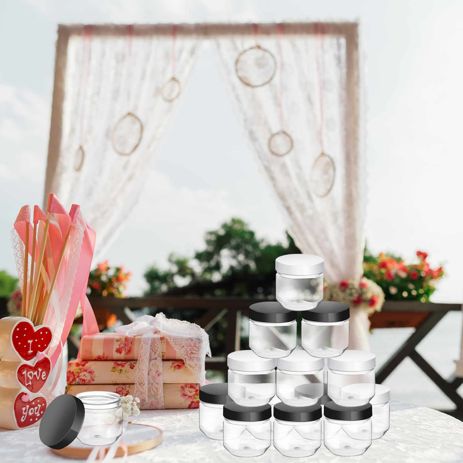 Tanlade 60 Pcs 3 oz Clear Plastic Jars with Lids Wide Mouth Mason Jars Mini Storage Containers Bulk for Herb Jelly Wedding Valentine Favors Shower Party Favors(Black, White)