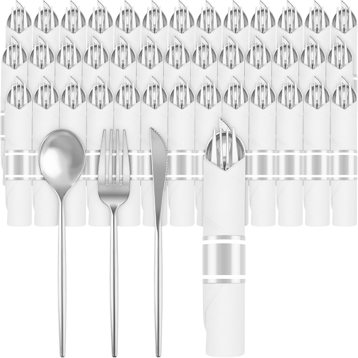 100 Packs Pre-Rolled Plastic Cutlery Set Disposable - Wrapped Silver Plastic Silverware Set with 100 Napkins, 100 Spoons, 100 Forks and 100 Knives for Wedding Birthday Party Dinner (Silver)