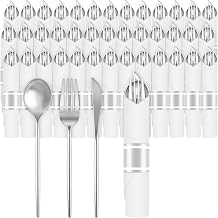 400PCS Pre Rolled Disposable Cutlery Set with Napkins | Wrapped Silverware Set Disposable with 100 Napkins, 100 Spoons, 100 Forks and 100 Knives for Wedding Birthday Party