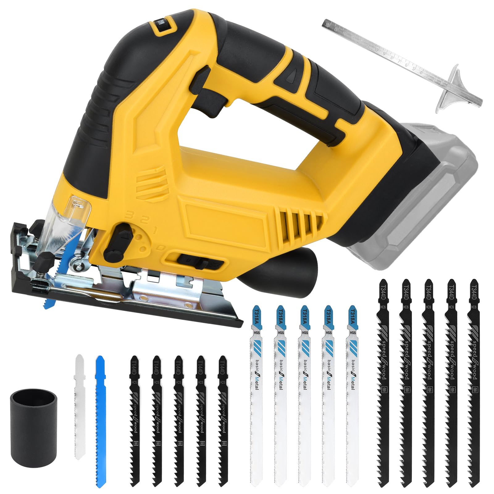 Scie Sauteuse Sans Fil 20V, Scie Sauteuse Électrique 300W avec Vitesse Variable 0-2700 tr/min et Biseau 0-45°, Réglage à 4 Vitesses, Compatible avec Dewalt, avec 15 Lames (Batterie Non Incluse)