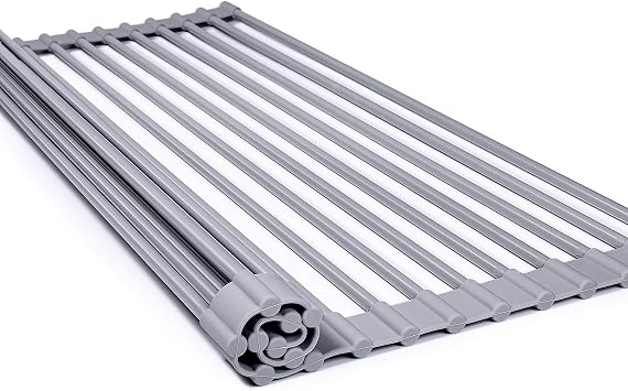 Longzon 304 Stainless Steel + All Silicone Drainer Rack, Folding, Large Size, 20.5 x 13.0 inches 52 x 33 cm, Antibacterial, Rustproof, 304 Stainless Steel + All Silicone, Slim, Roll, Dish Drainer, All-Purpose Drainer, Dish Dryer, Dish Storage, Roll Storage, Kitchen, Sink, Heat Resistant, Anti-Slip, Cutting Board Stand