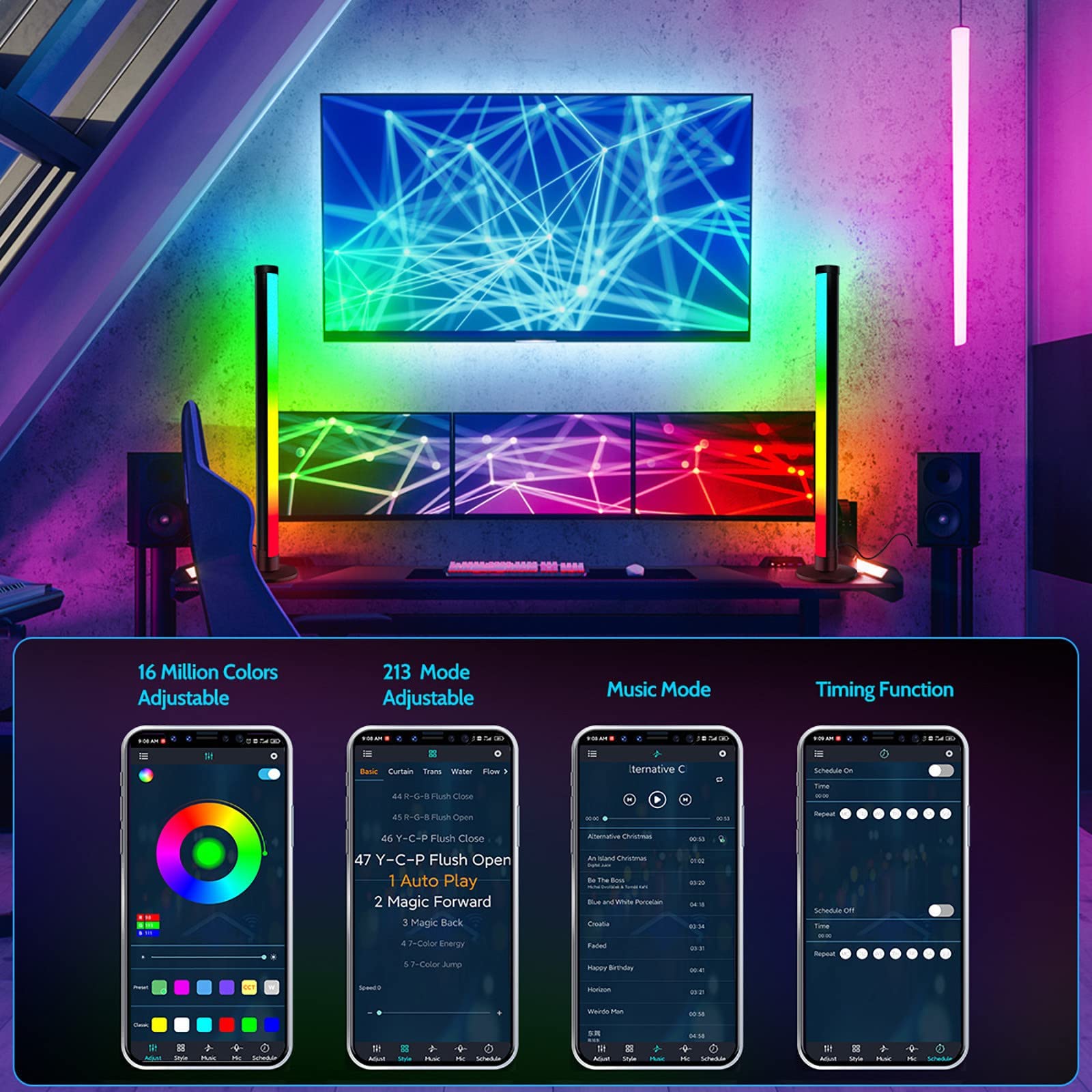Flatware Barras de luz LED Inteligentes, iluminación Ambiental Que Cambia de Color RGB, luz de Fondo de TV, Luces de Ambiente, Control de aplicación Bluetooth, con 213 Modos dinámicos