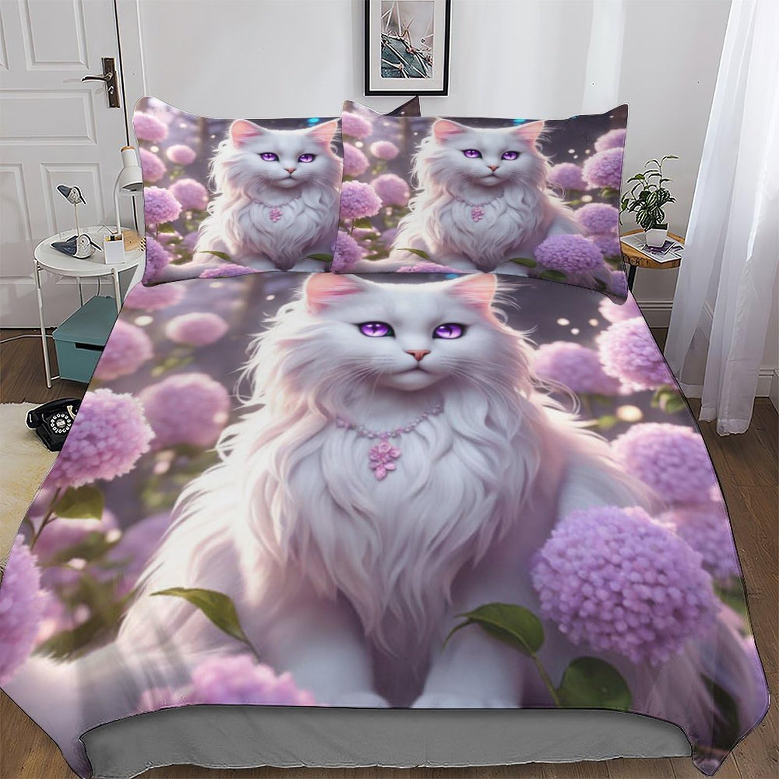 Pazzk Boys Cute Cat-3 Cute Cat Duvet Cover Set Microfibre Soft Quilt Covers 3 Pieces Hotel Quality Bedding Comforter Cover With Pillowcase For Girls And Teenagers Double (200X200cm)