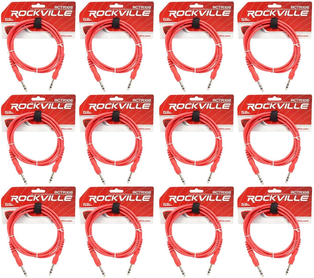 Rockville (12) RCTR106R 6フィート 1/4インチ TRS to 1/4インチ TRSケーブル レッド 100
