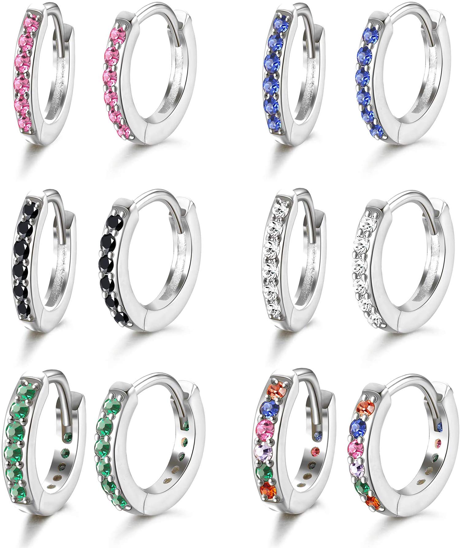 CASSIECASet Pendientes Mujer Plata Pendientes Oro Aros Pendientes Pequeños Pendientes Zirconia Multicolor Pendientes Hipoalergénicos 6 pares