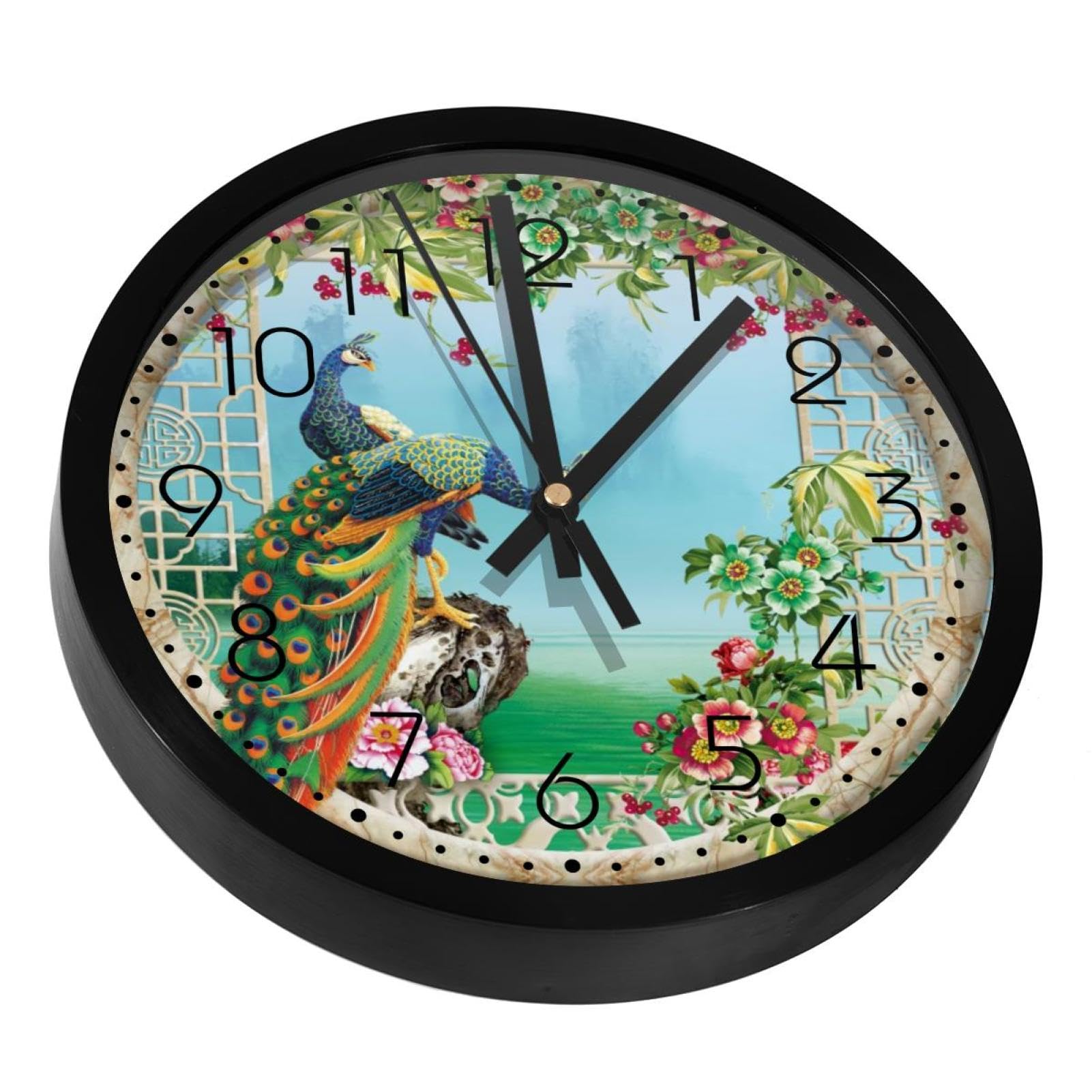 Horloge murale fleurs et paon au design raffiné pour une décoration d'intérieur chic