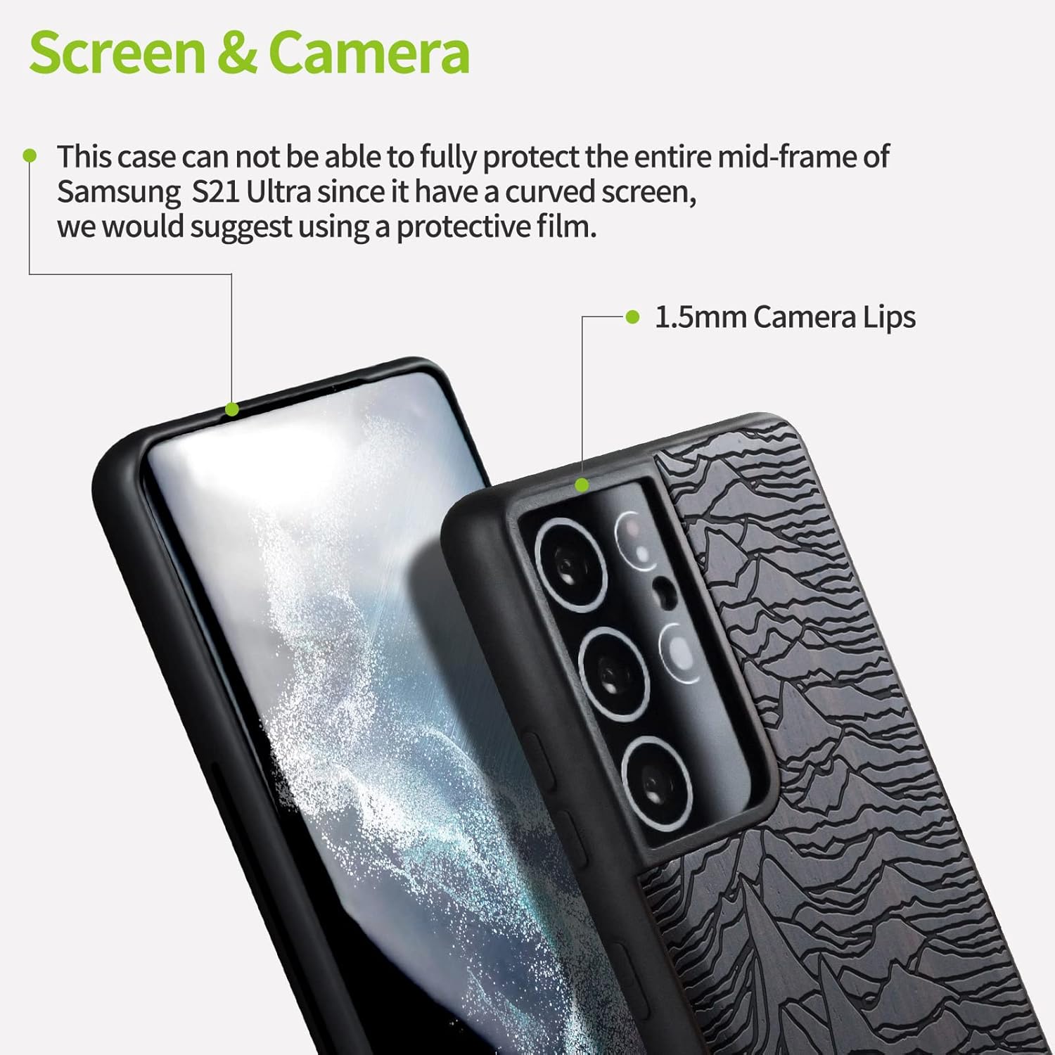 Carveit Wood Case for Galaxy S21 Ultra Case [Natural Wood & Black Soft TPU] Shockproof Hybrid Protective Unique Wooden Cover Compatible with Samsung S21 Ultra 5G (Unknown Pleasures-Blackwood)