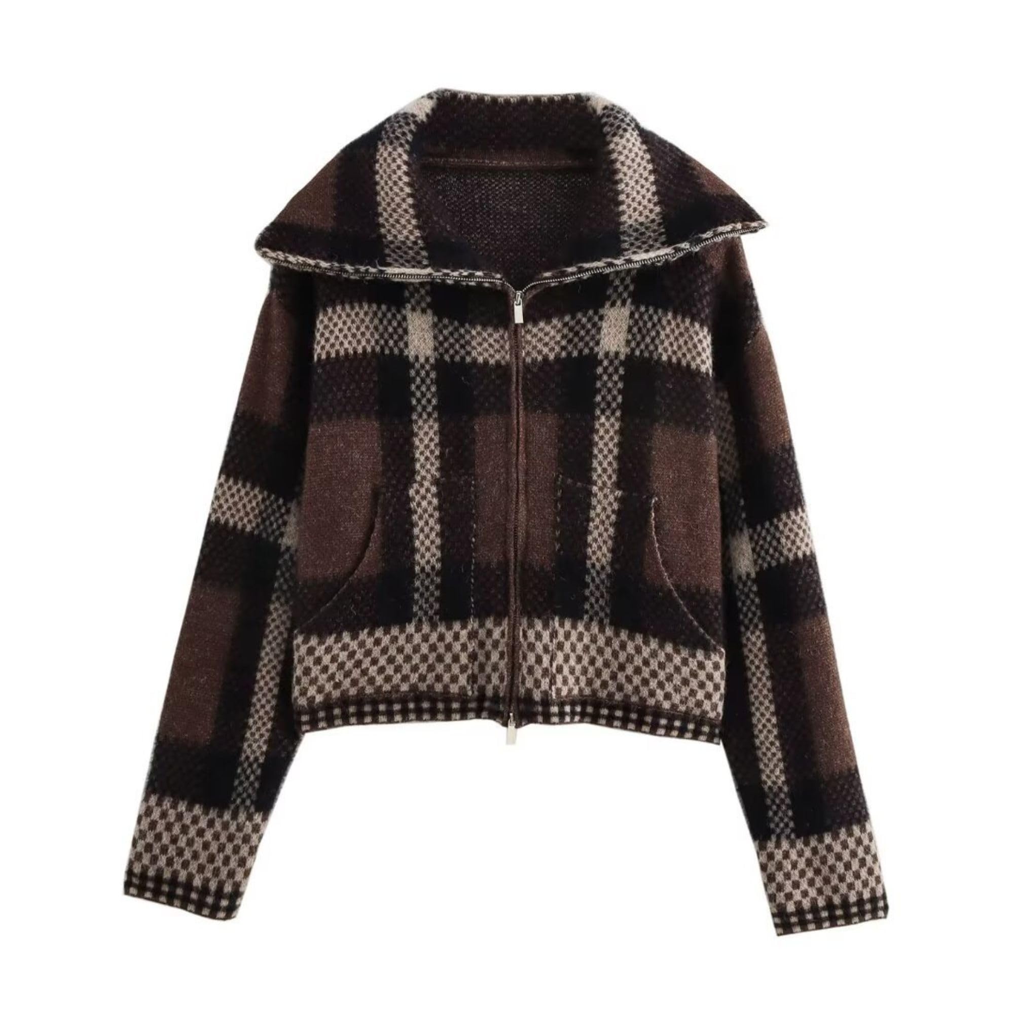 Chevara Womens Checkered Cardigan Sweater Vintage Lapel Collar Long Sleeve Zip Up Knit Sweatshirt Jacket