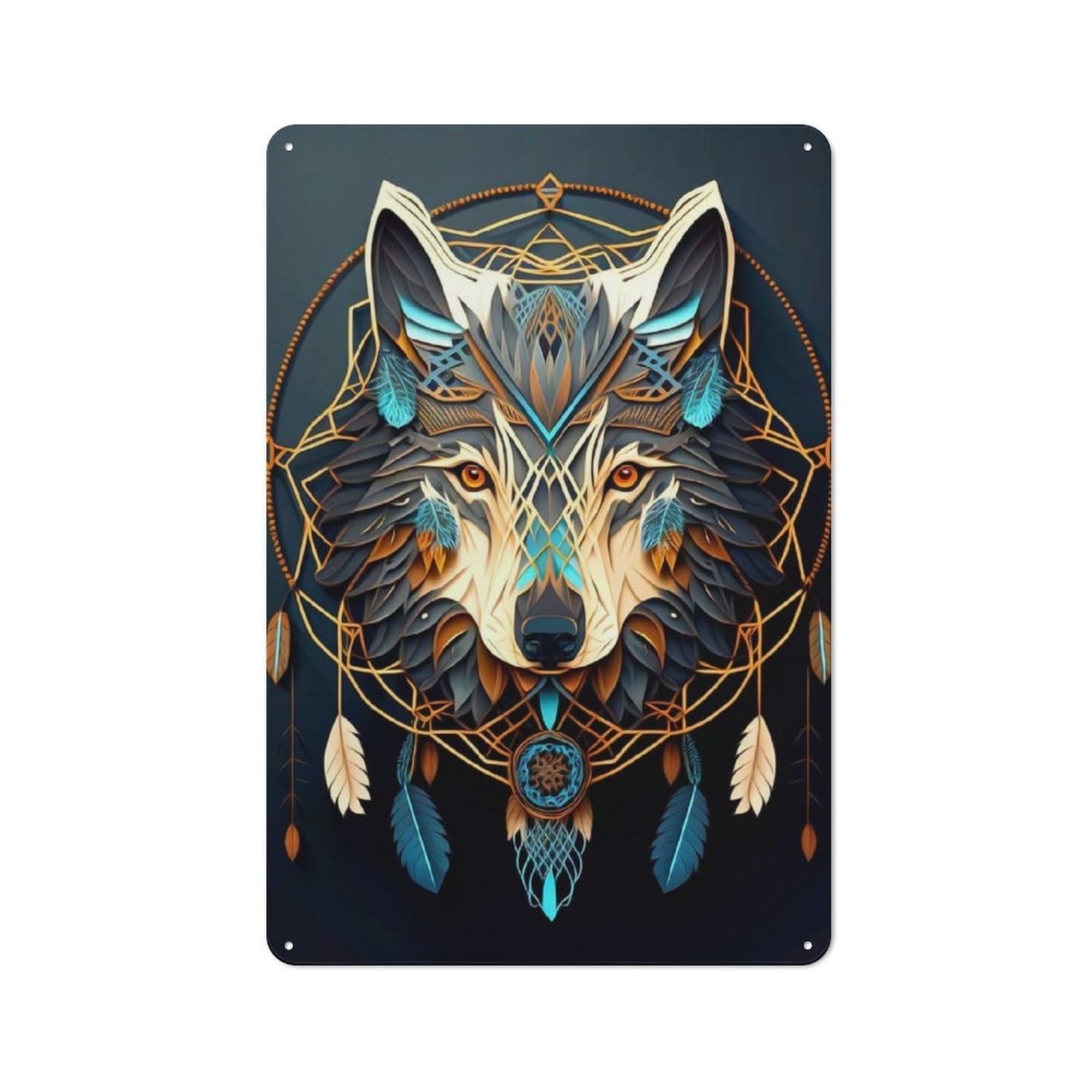 Junmoney Style-19 For Hobby Room Or Studio, Wolf Dreamcatcher Rustic Tin Wall Plaque 30X20cm, For Vintage Wall Decor Fans, For Metal Sign Collectors