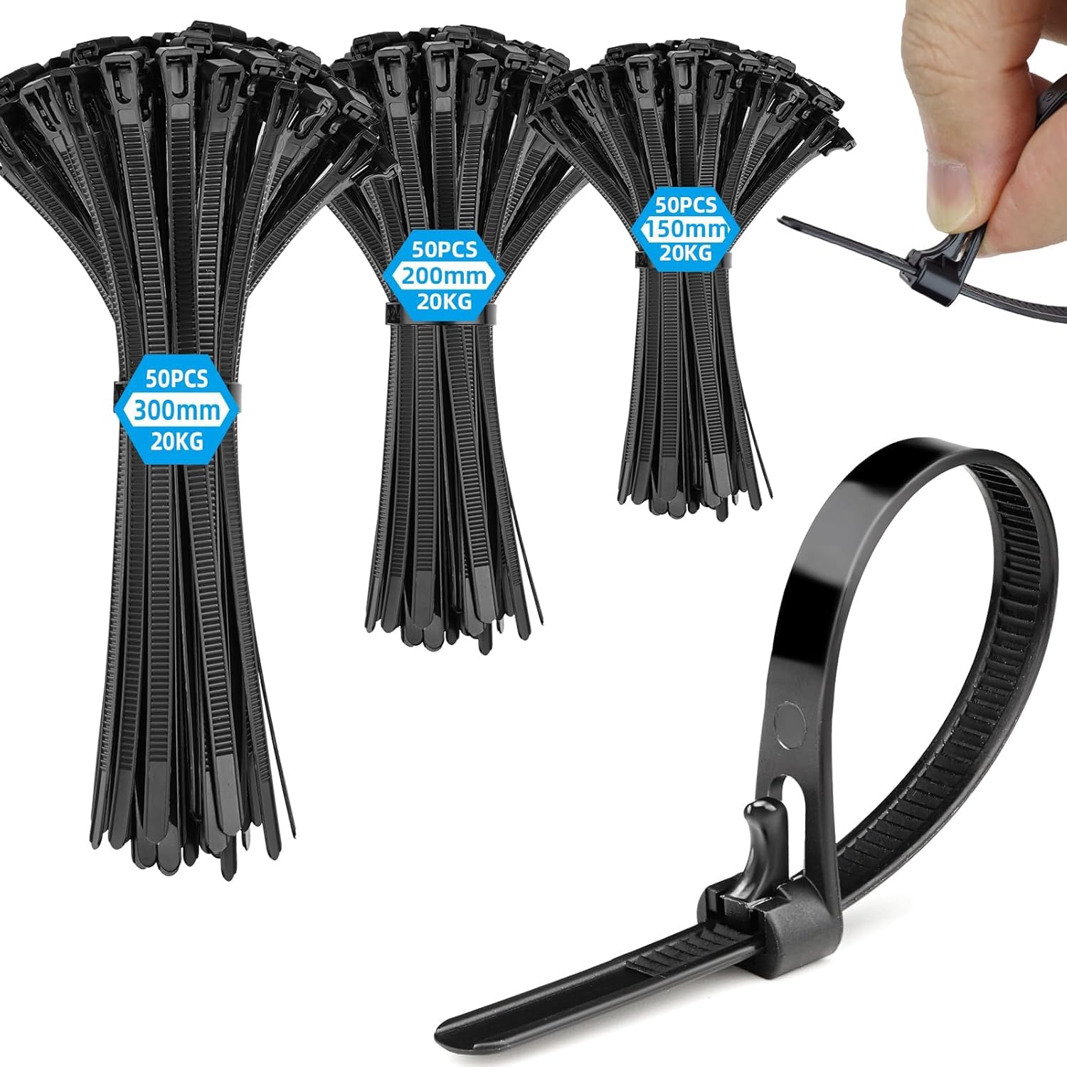 Kabelbinder Schwarz Wiederverschließbar UV Beständig,150 Stück Set 150/200/300mm Wiederverwendbare Kabelbinder Lang Set für Werkstatt, Elektroinstallation,Kabelmanagement,Gartenarbeit,Wohnen