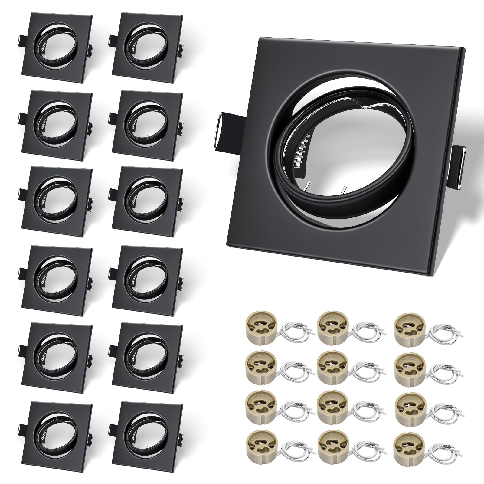 12x LED Einbaustrahler Rahmen mit GU10 Fassung, Eckig Matt Schwarz Metall Einbaurahmen, 68-80mm Lochmass, 30° Schwenkbar, inkl. GU10-Fassung für LED oder Halogen Leuchtmittel
