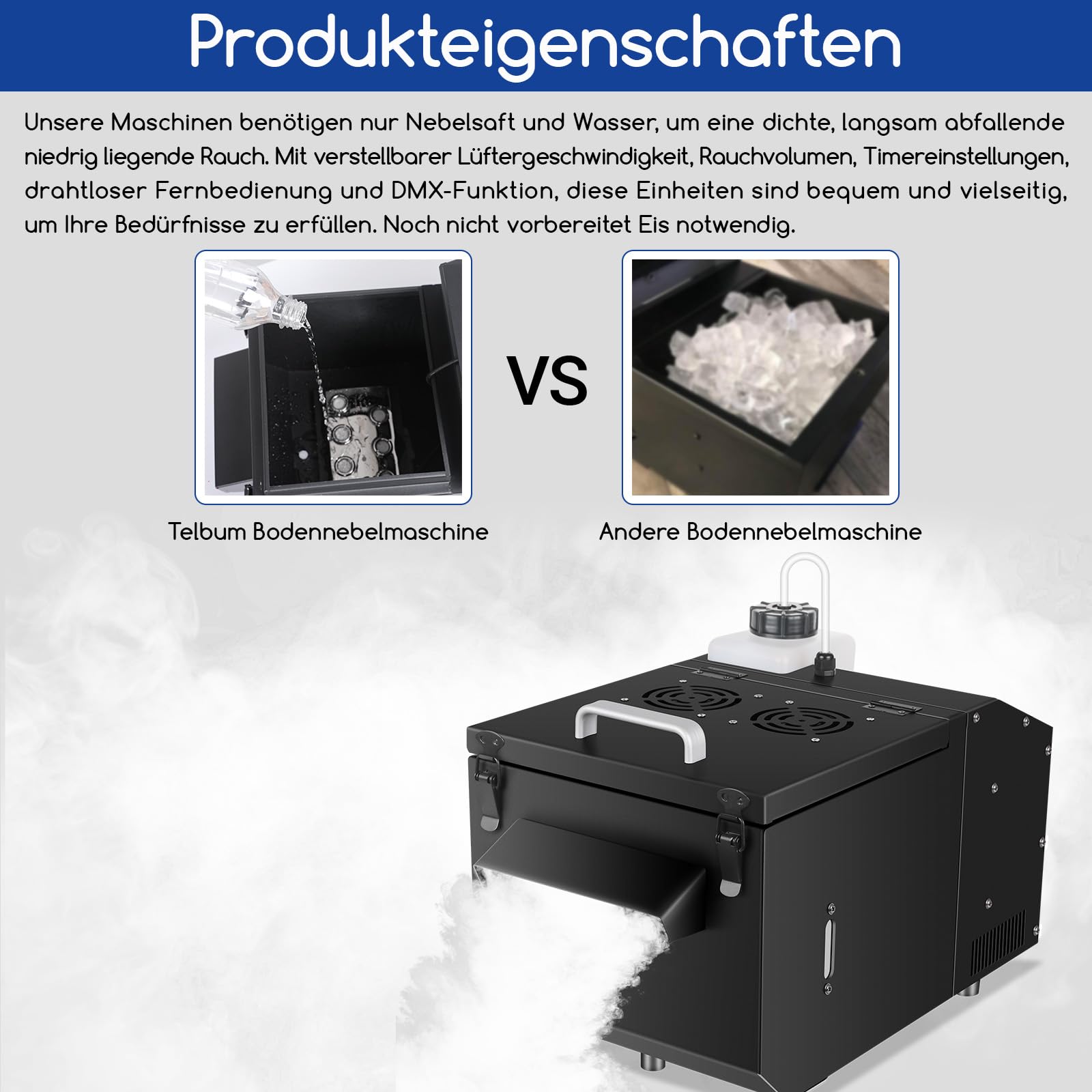 Telbum 1200W Boden Nebelmaschine mit Fernbedienung, Wasserbasierte Nebelmaschine Bodennebelmaschine, DMX 512, Manuelle Steuerung,Timerfunktion, Rauchmaschine für Hochzeit, Party, DJ, Bühne, Halloween