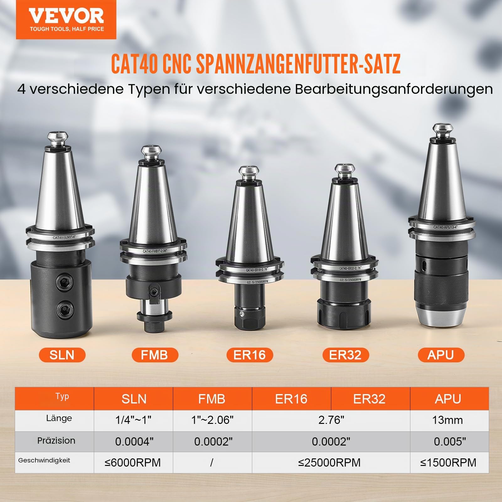 VEVOR CAT40 Spannzangenhalter ER 16/32 Spannzangensatz, 35-teilig, SLN FMB ER16/32 APU Werkzeughalter Federstahl-Spannzangenfutter mit 10 Anzugsbolzen und 3 Schraubenschlüsseln, für Fräsmaschinen, Boh