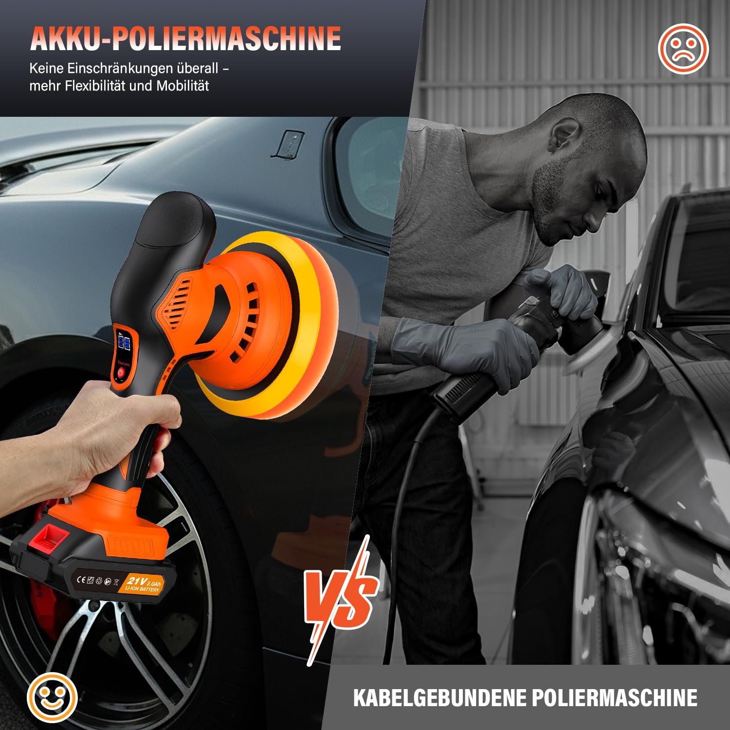 Lucidatrice Auto a Batteria, 8 Velocità Variabili, 2800–6000 giri/min, Lucidatrice Rotorbitale con 2 Batterie da 21 V 2.0 Ah e 21 Pezzi Kit Lucidatura Auto per la Cura dei Dettagli dell'auto