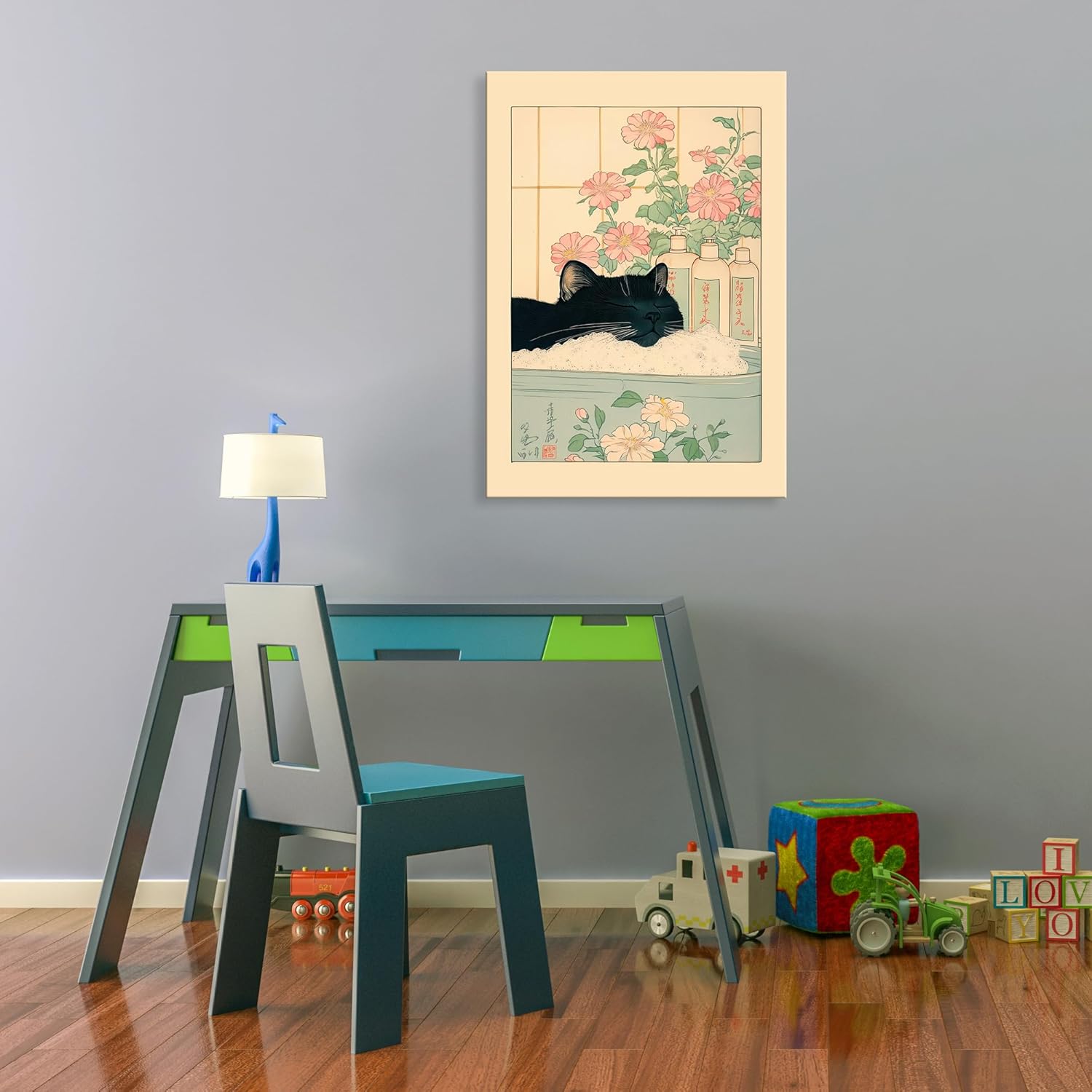 UCRAASDEB Framed Funny Black Cat In The Bathtub Canvas Wall Art, Japanese Cute Animal Take Bath Wall Decor, Aesthetic Minimalism Painting Picture Print Decor for Bathroom Restroom 24"x16"