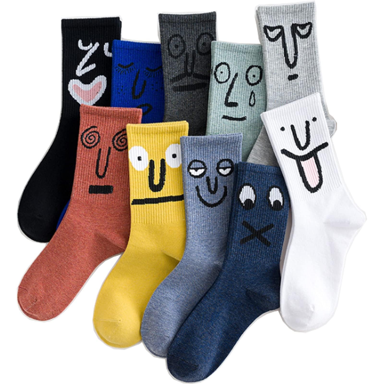 10 Pack Crazy Funny Emotion Socks, Novelty Cute Cool Colorful Cotton Socks Cute Crew Socks for Women and Men Cozy Gifts (One Size)