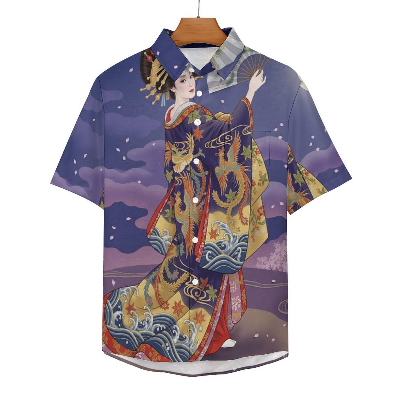 Camicia da Uomo a Maniche Corte Funky, Geisha Tradizione Etnica Giapponese, Aloha Camicias Estiva per la Spiaggia, vestibilità Normale con Bottoni, per Libero Vacanze