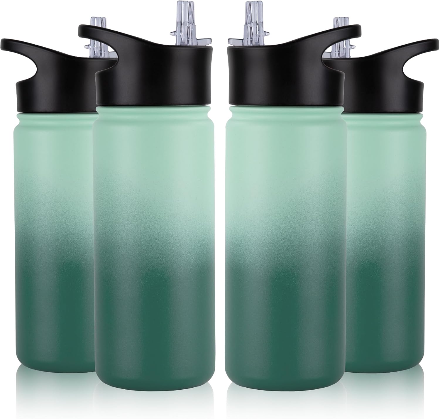 16 oz Insulated Water Bottle Bulk 4 Pack, Straw & Spout Lid, Keep Cold 24H, Spill Proof, BPA-Free, Double Wall, Stainless Steel Kids Water Bottles for School, Sports, Green Gradient