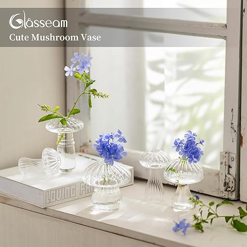 Miniatura 2 de Glasseam Jarrones de hongos para flores, bonito juego de 10 jarrones de cristal transparente, jarrones de vidrio soplado para centros de mesa,