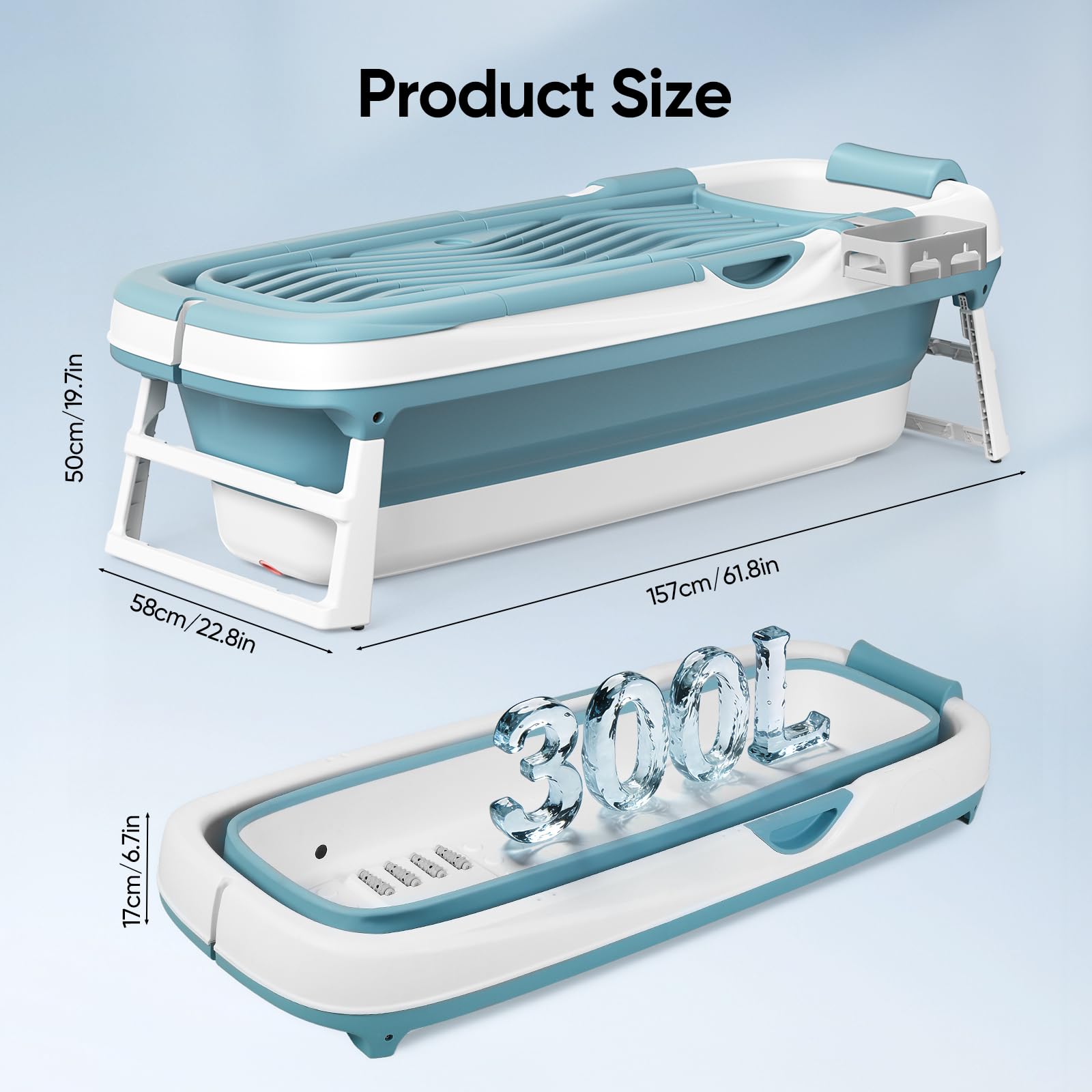 Faltbare Badewanne Erwachsene,157 x 58 x50 cm mit Isolierabdeckung neigbarer Rückenlehne erhöhtem Sitz U-förmiger Kopfstütze und Fußmassagerollen zwei Abflussöffnungen geeignet Duschen Balkone
