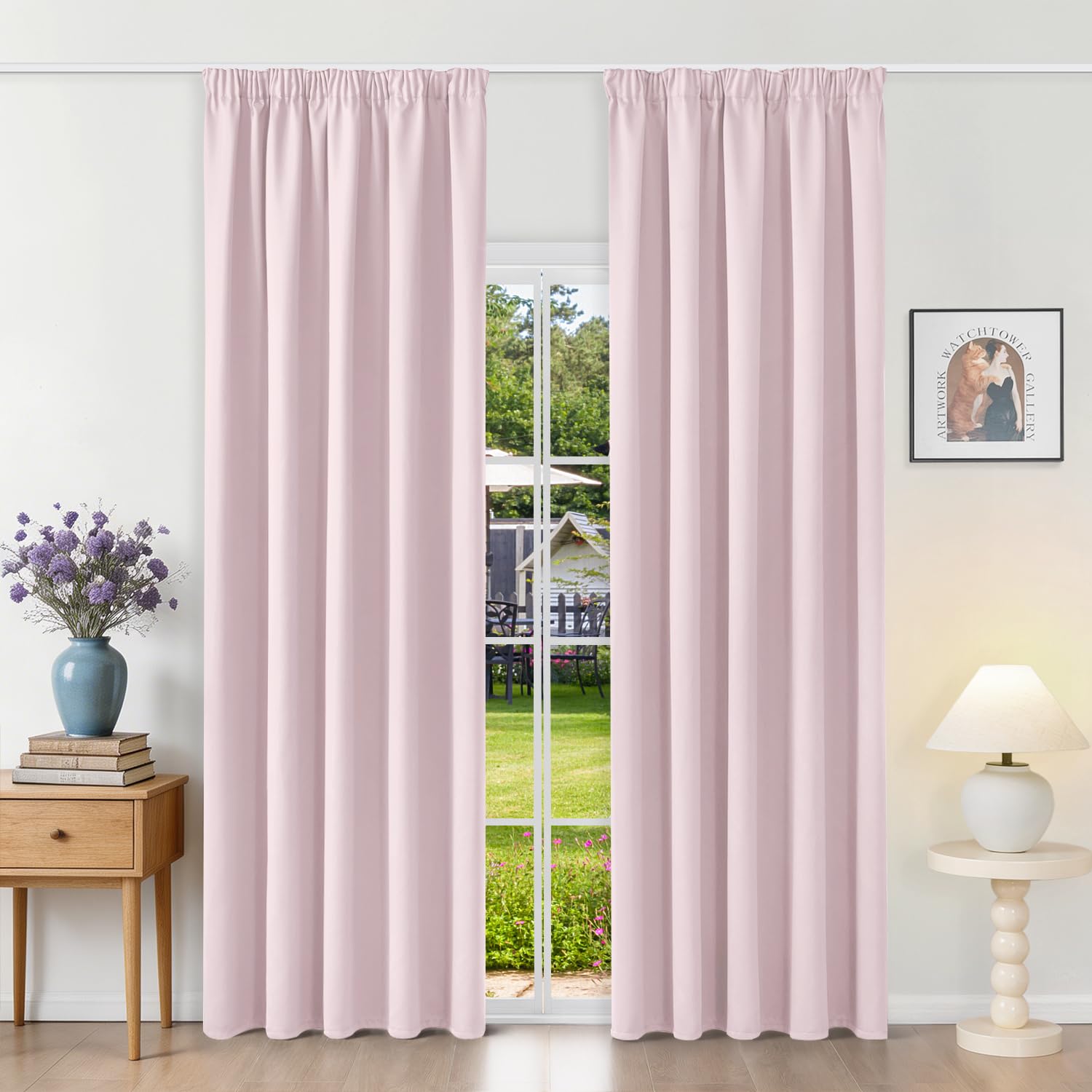 Runyéla Pencil Pleat Blackout Curtains for Bedroom Thermal Curtain 66 x 72 Inch Drop Living Room Kitchen 2 Panels Light Pink — image 1