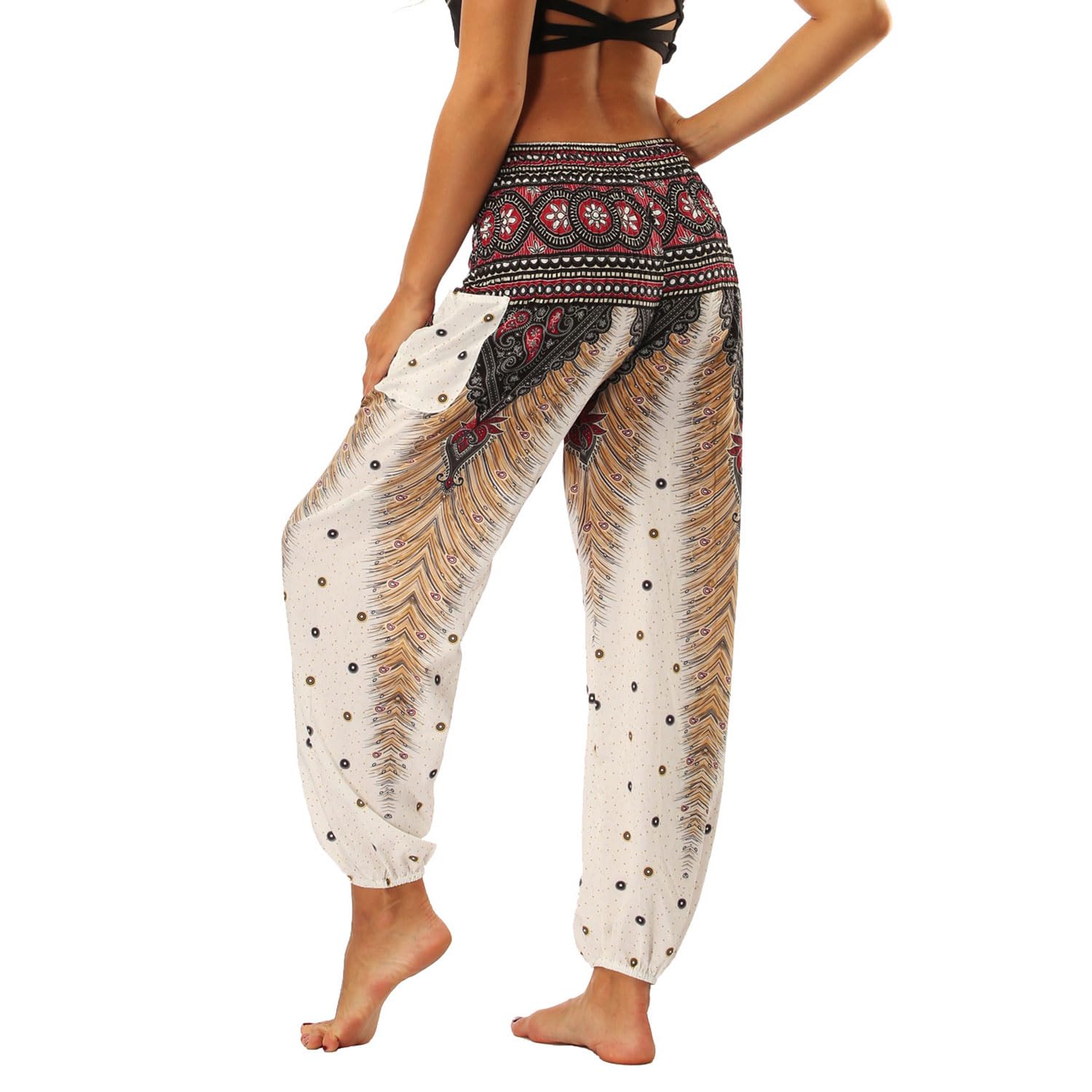 Lu's Chic Pantalones bohemios para mujer, cintura fruncida, yoga, hippie, palazzo, verano, playa