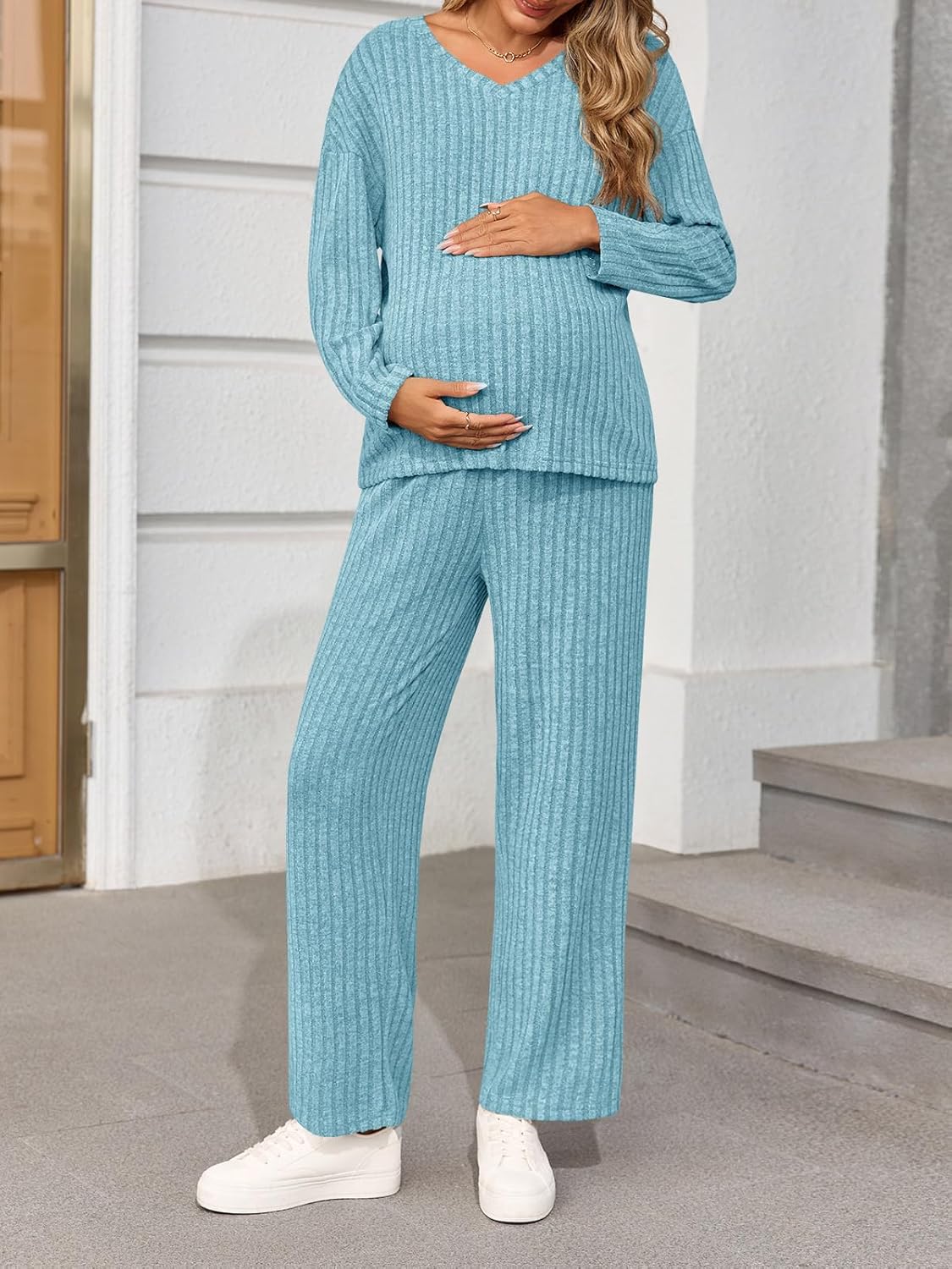 Yousify Womens Maternity Pajamas Sets 2 Piece Outfits Ribbed V Neck Long Sleeve Knit Tops Pants Pregnancy Loungewear - Image 3