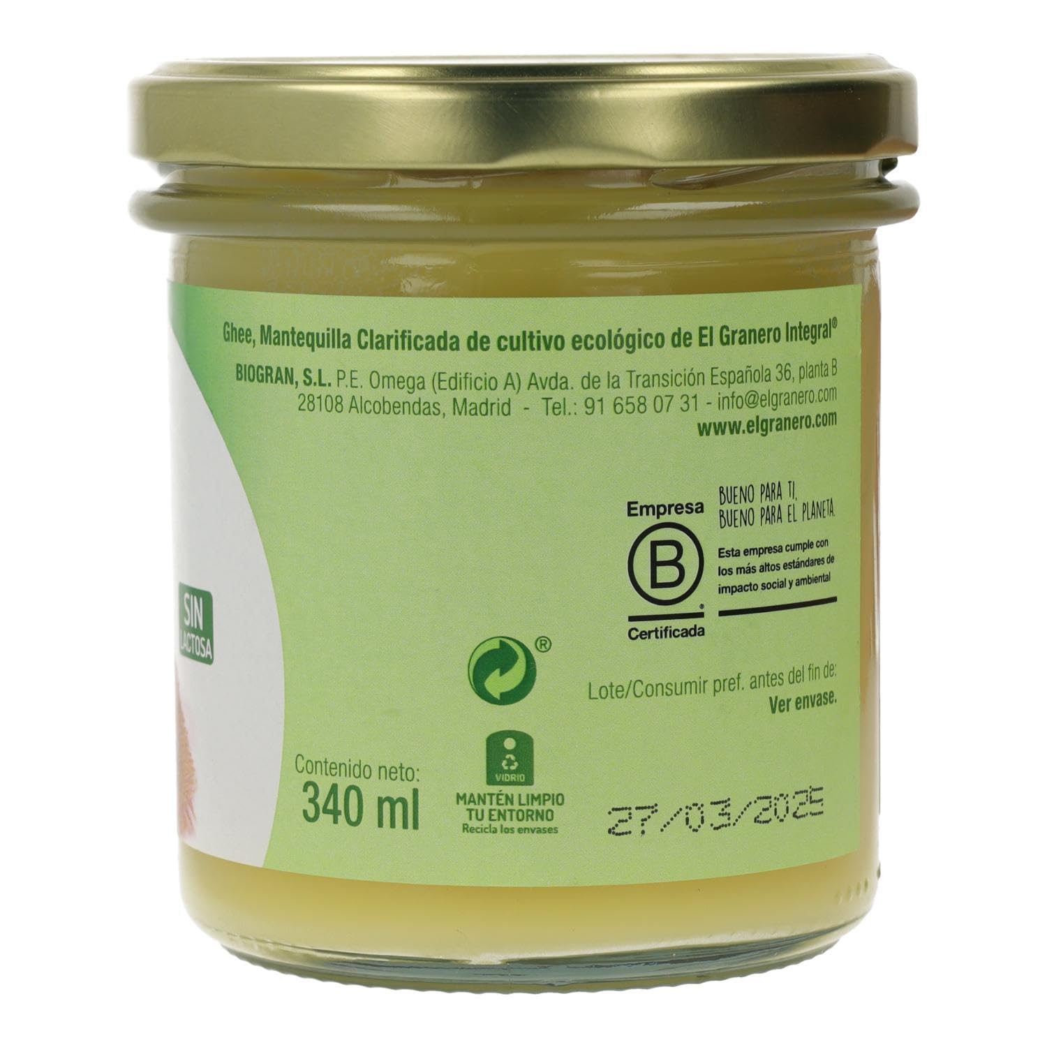 El Granero Integral Ghee Mantequilla Clarificada 340 ml Ecológica