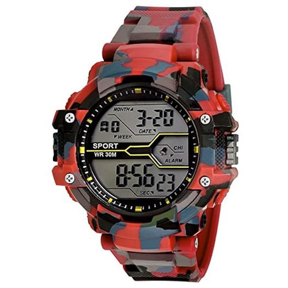 Emartos Digital Mens & Boys Watch (Black Dial Red Colored Strap)