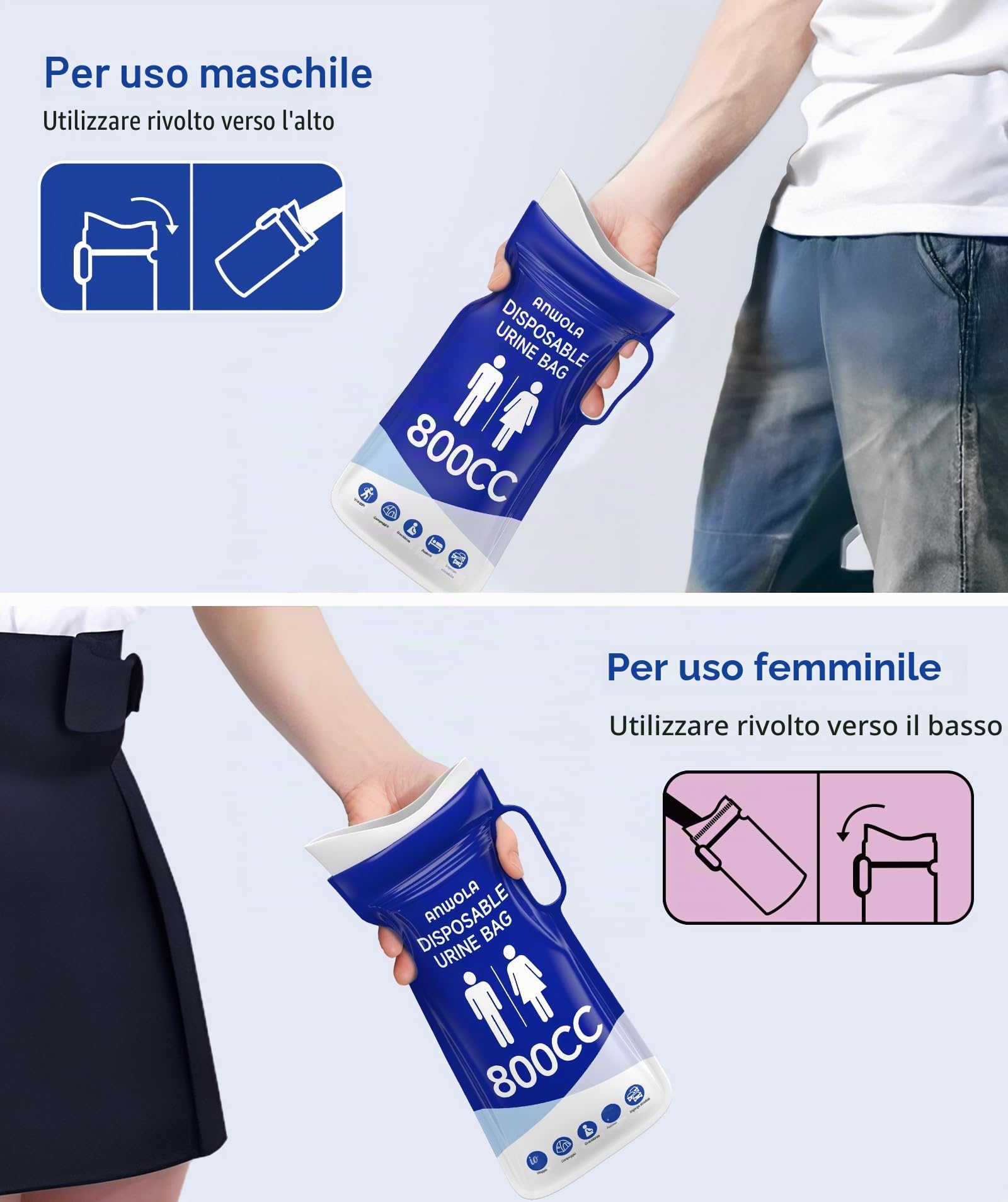 Orinatoio portatile per uomini, sacchetti usa e getta per urina con manico, sacchetti per pipì di emergenza, orinatoi da viaggio per uomini, donne, incinte, pazienti, bambini, viaggi, auto,